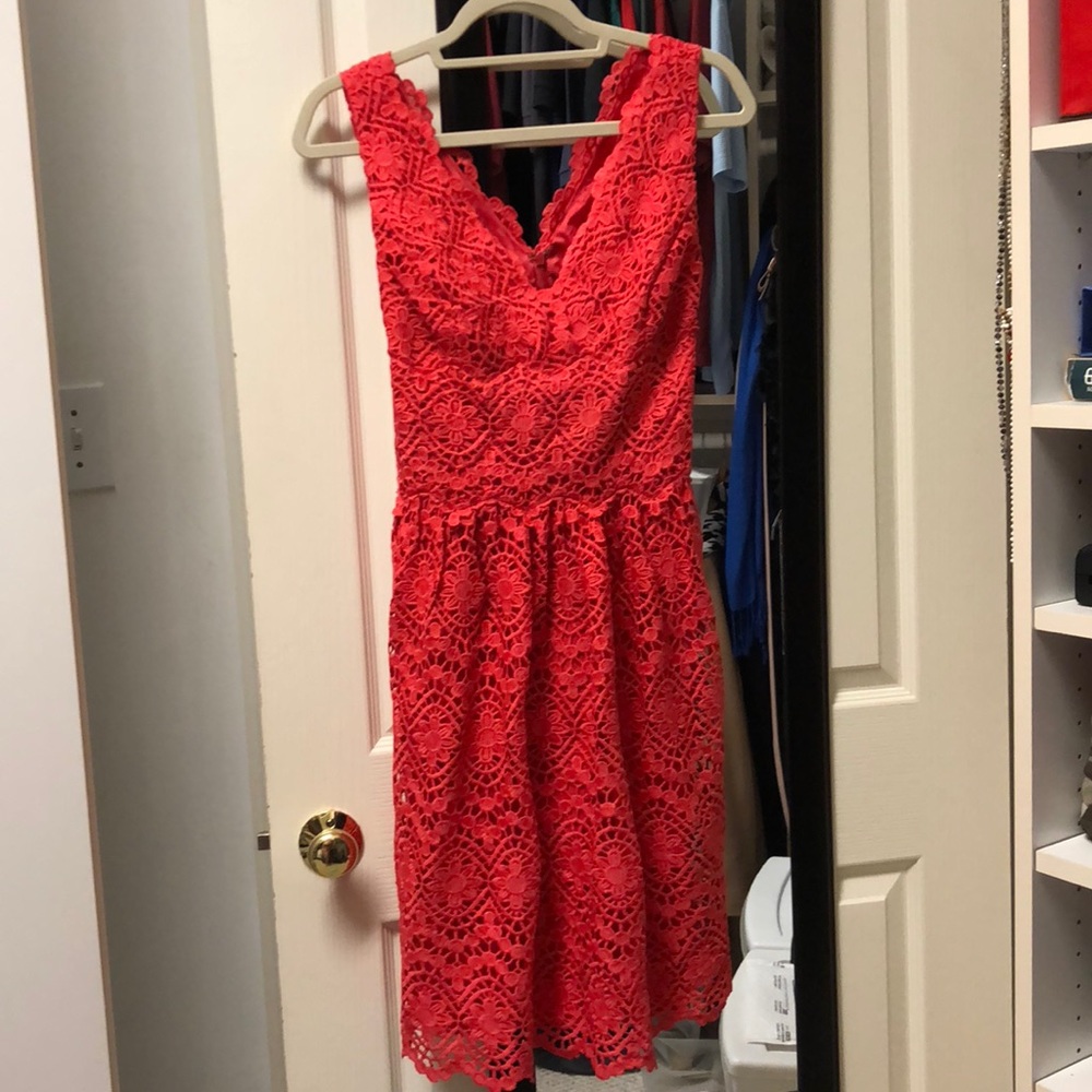Coral/red lace Adrianna Papell dress. 10